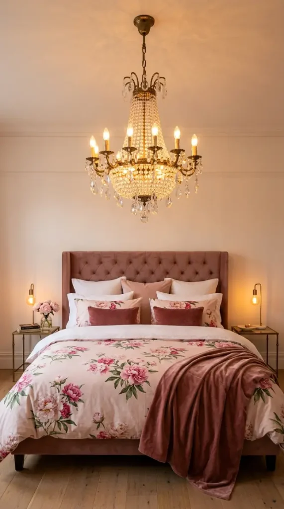 22 Floral Bedding Ideas Blush Peony Romantic Luxury Bed 18 18. Blush Peony Bed with Crystal or Glass Chandelier Overhead