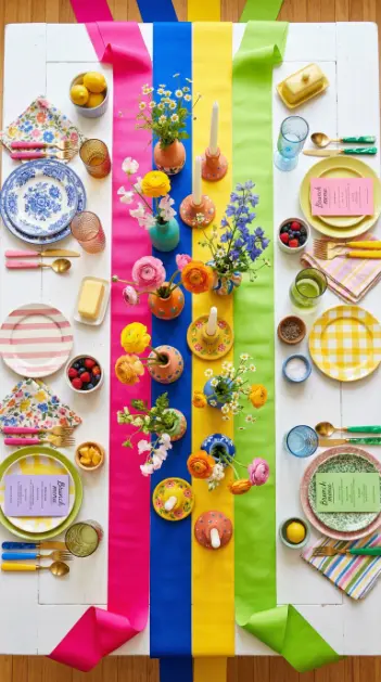 22 Spring Table Decor Ideas - Dopamine Colorful Brunch Style 18 18. Bold Stripe Ribbon Runner Down the Table