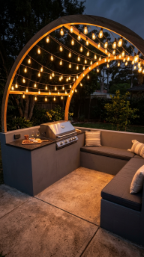 18 Easy Outdoor Kitchen DIY Ideas Cinder Block Grill Station 18 18. Cinder Block Grill Station With Integrated Seating Bench and String Light Arch
