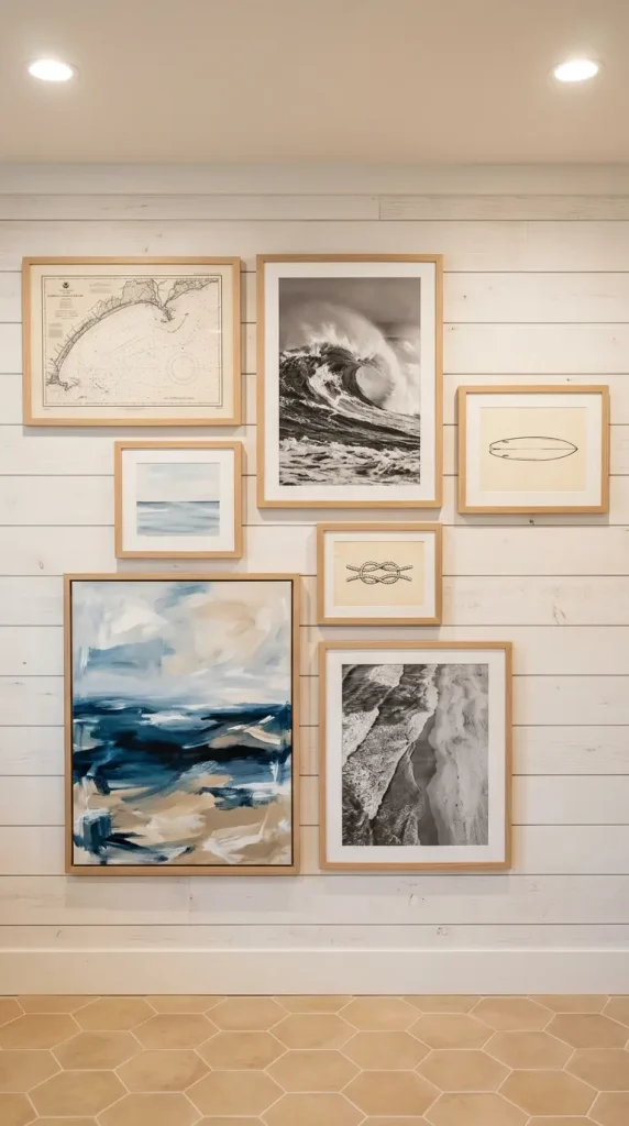 22 Coastal Home Gym Inspiration: Garage Conversion Ideas 18 18. Coastal Artwork Gallery Wall in Simple White Oak Frames