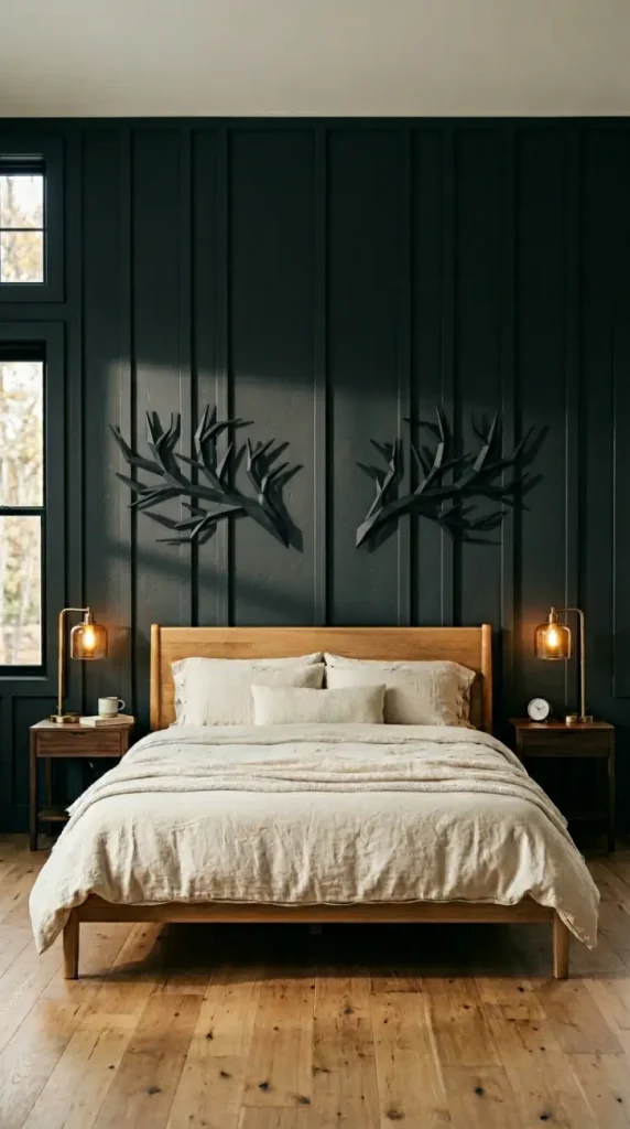 18 Modern Farmhouse Bedroom Ideas Dark Board and Batten 18 18. Dark Board and Batten Bedroom With Antler or Iron Wall Sculpture