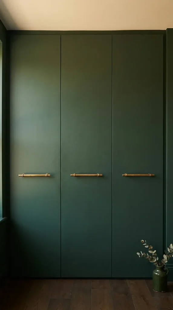 22 Earthy Cozy Bedroom - Dark Green Velvet Brass Luxury 18 18. Dark Green Painted Built-In Wardrobe with Brass Handles