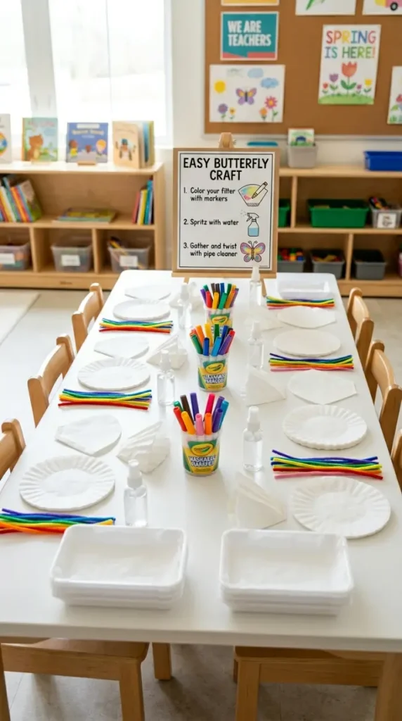 18 Easy Spring Classroom Crafts - Coffee Filter Butterflies 18 18. Full Spring Coffee Filter Butterfly Classroom Station Setup