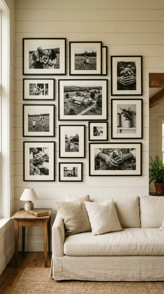 22 Farmhouse Living Room Wall Decor Ideas 18 18. Gallery Wall of Family Black and White Photographs