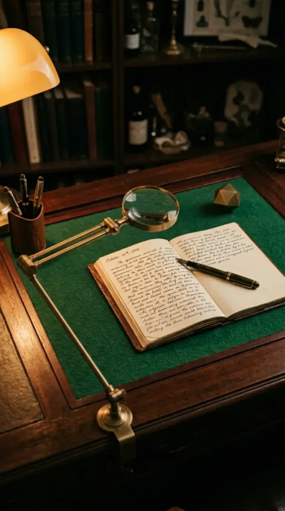 20 Quirky Home Decor Curiosity Cabinet Dark Office 18 18. Install a Dark Green Baize-Lined Writing Surface on the Desk