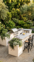 18 Easy Outdoor Kitchen DIY Ideas Modern L-Shape Build 18 18. L-Shape With Polished Stucco and Built-In Planters at Each End