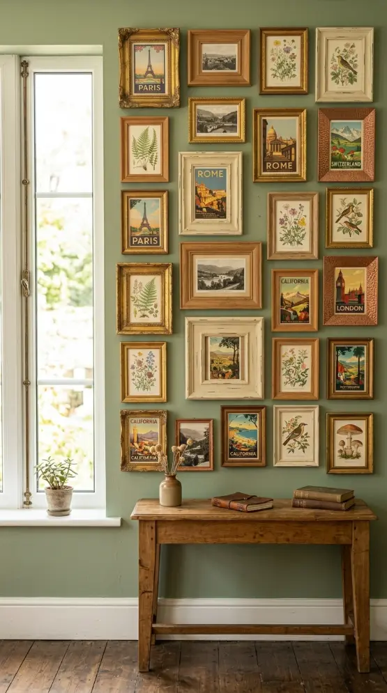 20 Funky Home Decor DIY Easy Ideas For Creative Homes 18 18. Make a Gallery Wall of Vintage Postcards in Mismatched Frames