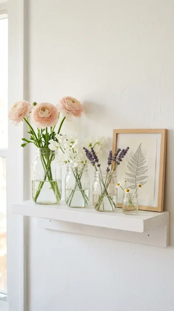 20 Simple DIY Spring Home Decoration - Mason Jar Flowers 18 18. Mason Jar Spring Flowers on a Floating Shelf