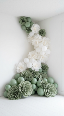 20 DIY Spring Party Decor Ideas Paper Flower Balloon Wall 18 18. Minimalist Two-Color Paper Flower and Balloon Corner Installation