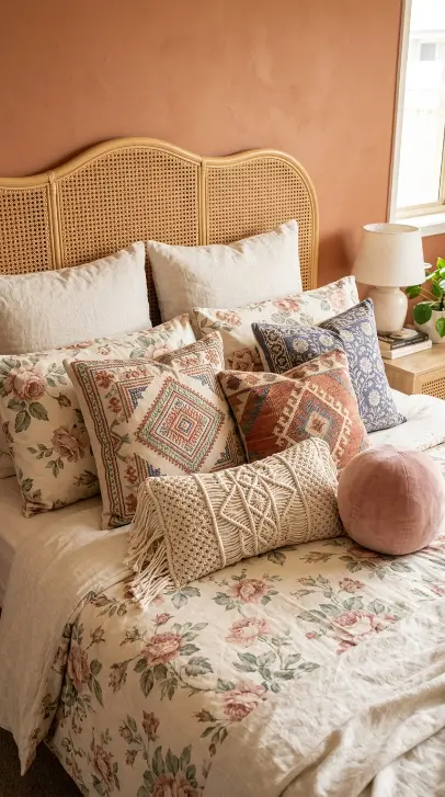 22 Vintage Floral Bedding Boho Rattan Bedroom Terracotta 18 18. Mix Vintage Floral and Global Textile Decorative Pillows