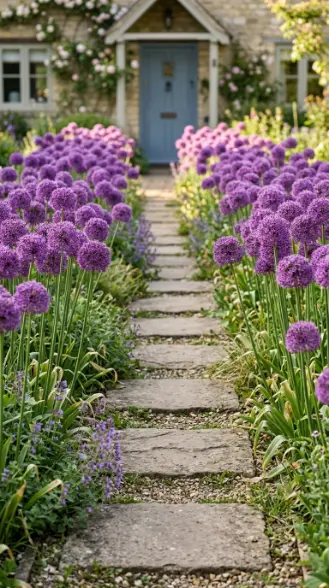 20 Simple Front Yard Landscaping Stepping Stone Path 18 18. Stepping Stone Path Bordered by Ornamental Alliums