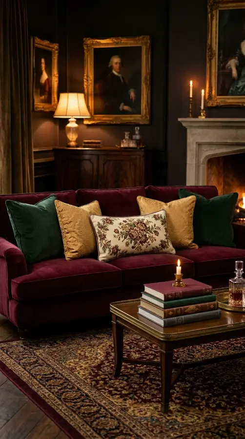 25 Throw Pillow Combinations That Transform Any Sofa 18 18. The Burgundy or Wine Red Sofa Opulent Winter Combination