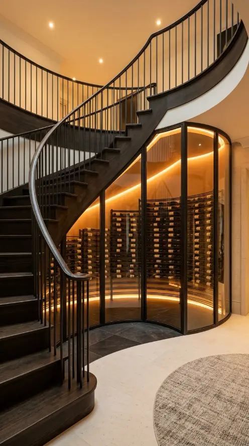 24 Luxury Staircase Storage Ideas Glass Wine Cellar Style 18 18. Under-Stair Glass Cellar in a Curved Staircase Recess