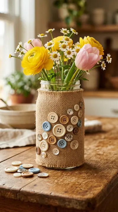 20 Simple DIY Spring Home Decoration - Mason Jar Flowers 19 19. Burlap and Button Mason Jar Craft Vase