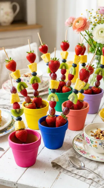 22 Spring Table Decor Ideas - Dopamine Colorful Brunch Style 19 19. Fruit Skewers as Edible Table Décor
