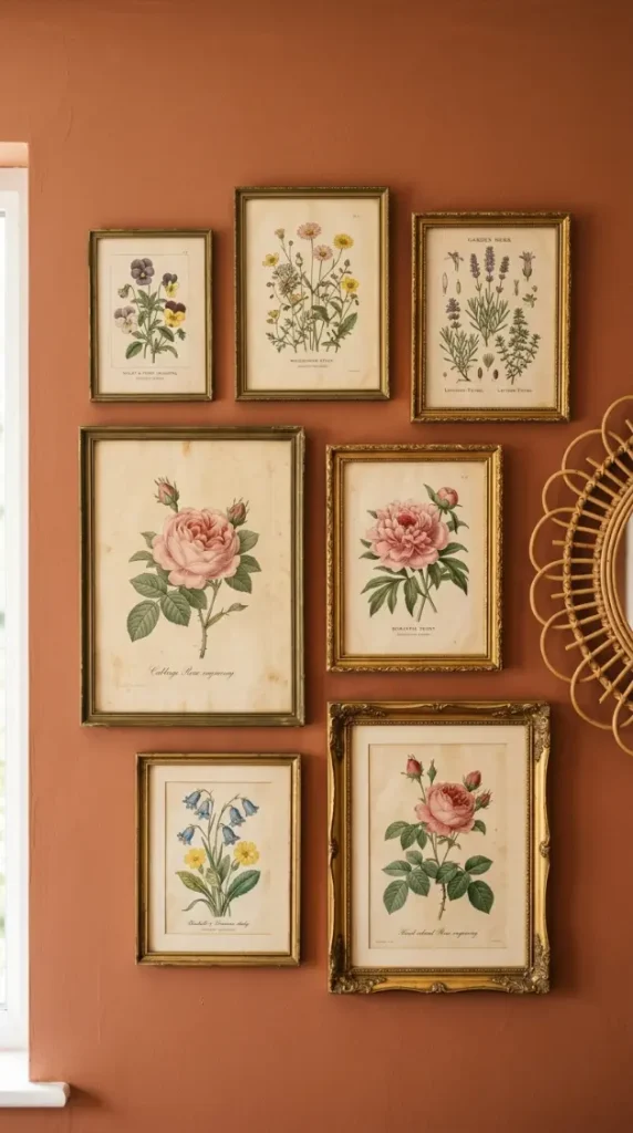 22 Vintage Floral Bedding Boho Rattan Bedroom Terracotta 19 19. Hang Vintage Botanical or Floral Prints in Mismatched Gold Frames