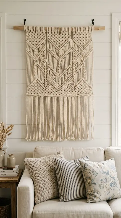 22 Farmhouse Living Room Wall Decor Ideas 19 19. Macrame Wall Hanging as Textile Art