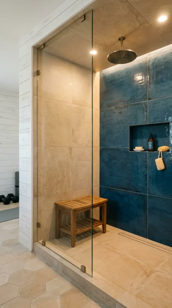 22 Coastal Home Gym Inspiration: Garage Conversion Ideas 19 19. Recessed Wet Room Shower in the Garage Gym Corner
