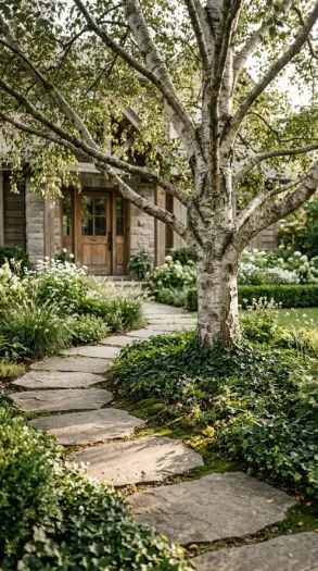 20 Simple Front Yard Landscaping Stepping Stone Path 19 19. Stepping Stone Path Curving Around a Feature Tree
