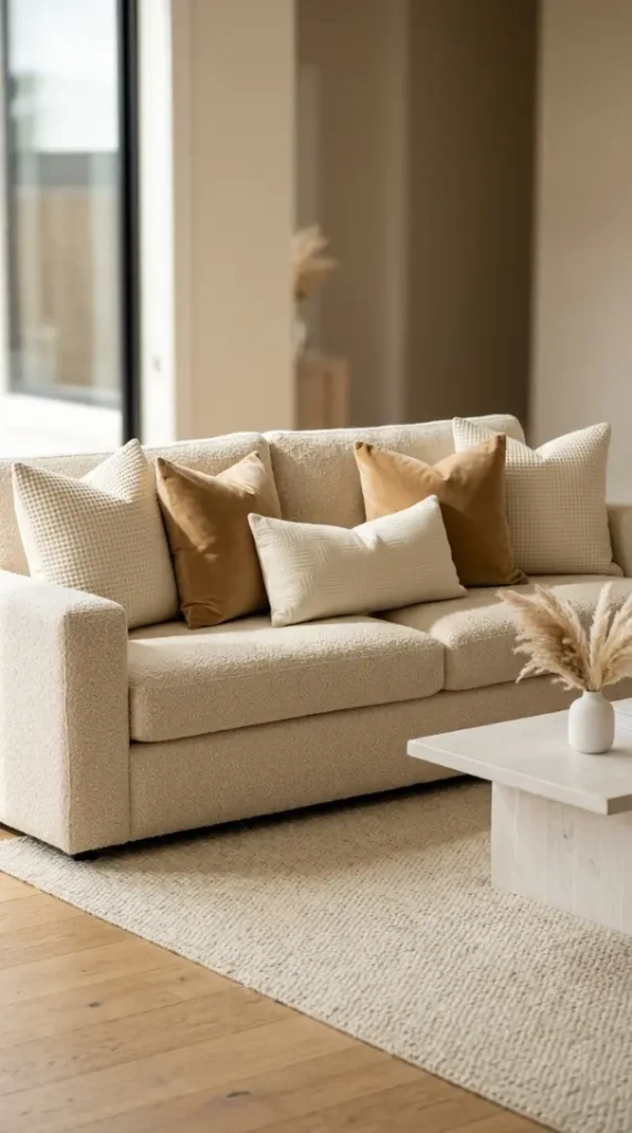 25 Throw Pillow Combinations That Transform Any Sofa 19 19. The Cream Boucle Sofa Texture-Forward Combination