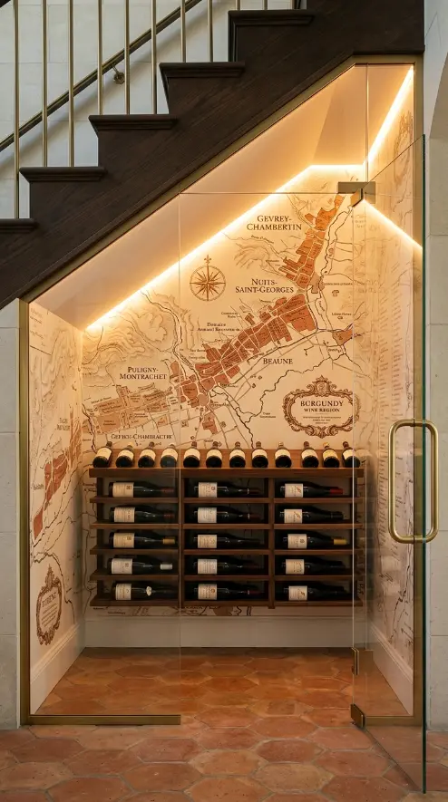24 Luxury Staircase Storage Ideas Glass Wine Cellar Style 19 19. Under-Stair Glass Cellar With Wine Map Wallpaper Interior