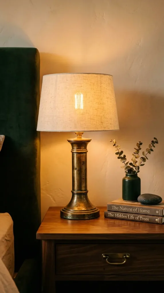 22 Earthy Cozy Bedroom - Dark Green Velvet Brass Luxury 2 2. Aged Brass Bedside Table Lamps with Warm Edison Bulbs