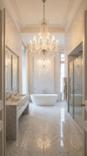 18 Incredible Luxury Bathroom Ideas White Marble Glamour 2 2. All-White Carrara Marble Bathroom With Crystal Chandelier