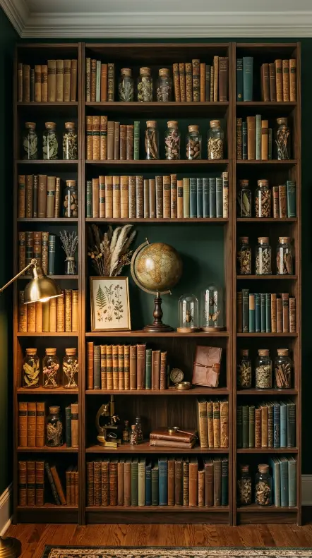 20 Quirky Home Decor Curiosity Cabinet Dark Office 2 2. Build a Full Wall of Floor-to-Ceiling Dark Timber Bookshelves