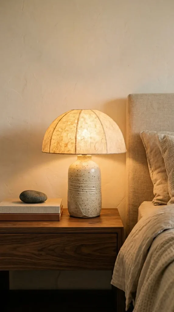 18 Mushroom Lamp Decor Ideas for Every Home Aesthetic 2 2. Ceramic Mushroom Lamp on a Japandi Bedroom Nightstand