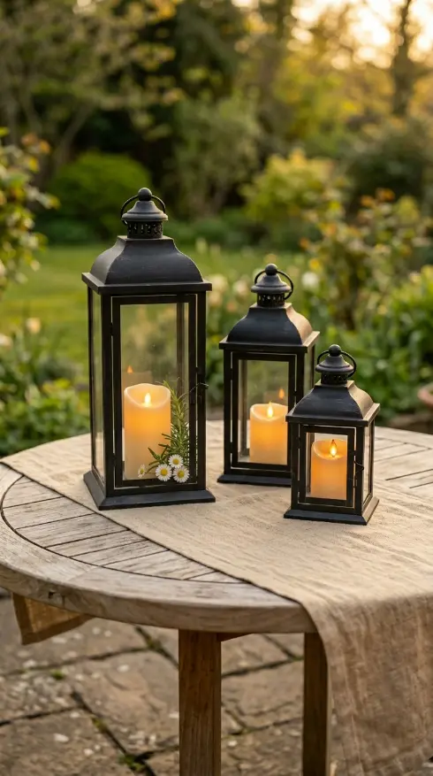 20 Spring Lantern Decor Ideas for Home and Garden 2 2. Cluster of Three Lanterns at Varying Heights on a Garden Table