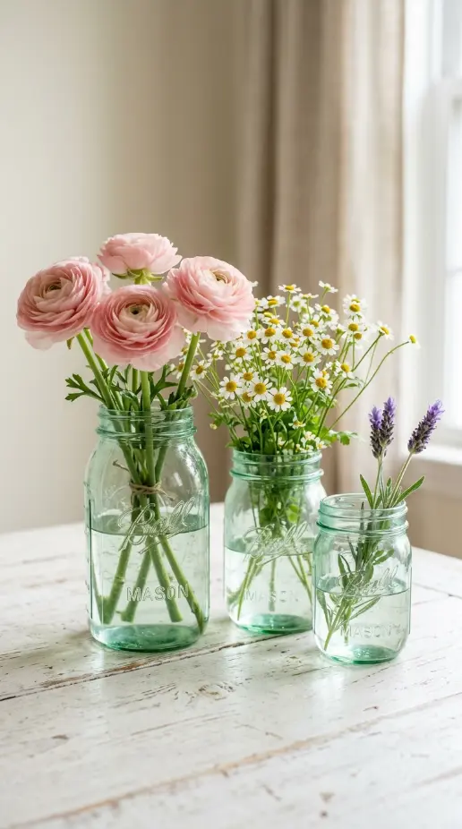 20 Simple DIY Spring Home Decoration - Mason Jar Flowers 2 2. Cluster of Three Mason Jars in Different Heights