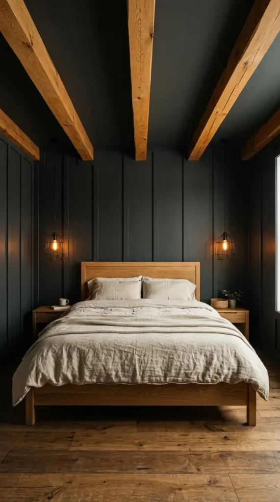 18 Modern Farmhouse Bedroom Ideas Dark Board and Batten 2 2. Dark Board and Batten With Exposed Timber Ceiling Beams