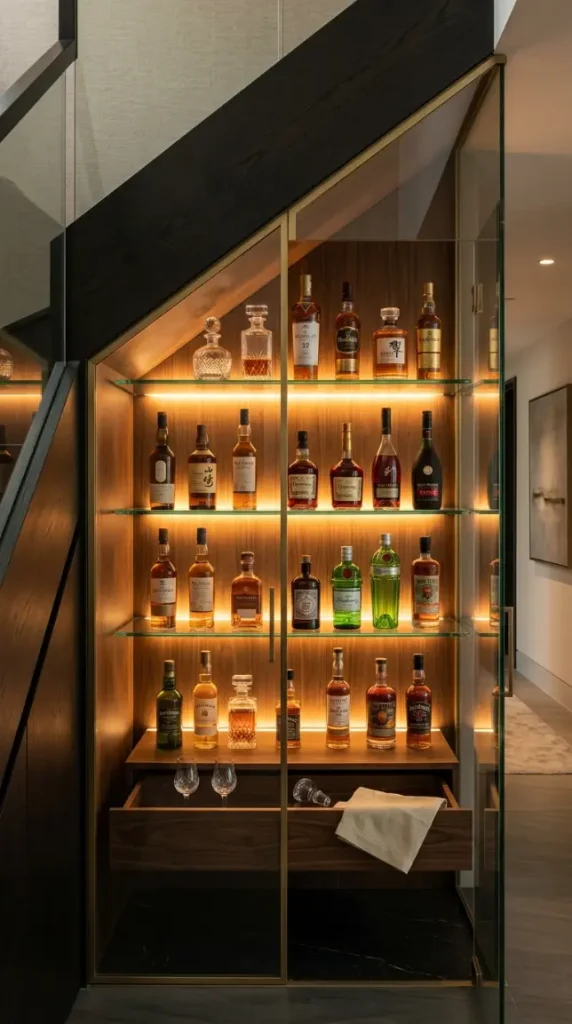 24 Luxury Staircase Storage Ideas Glass Wine Cellar Style 2 2. Frameless Glass Spirit and Whisky Display Cabinet
