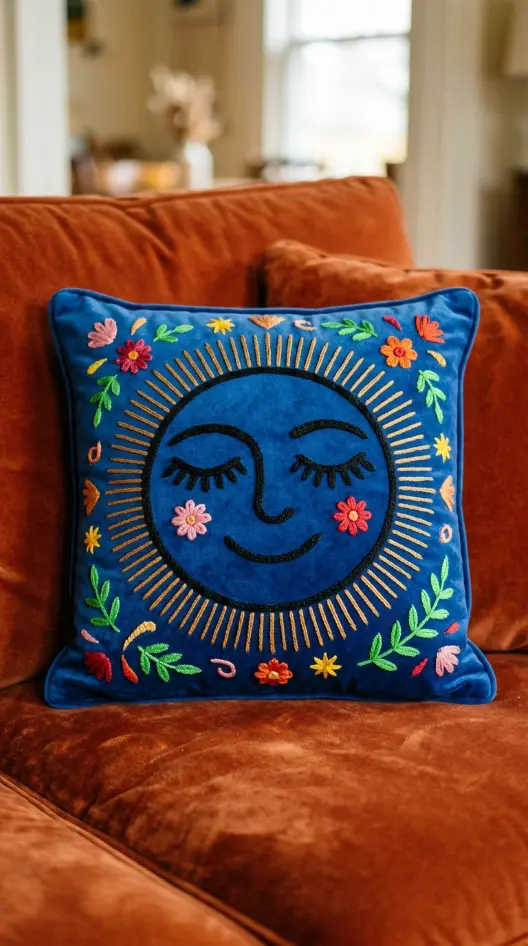 20 Funky Throw Pillows Ideas That Actually Make a Statement 2 2. Hand-Embroidered Face Pillow