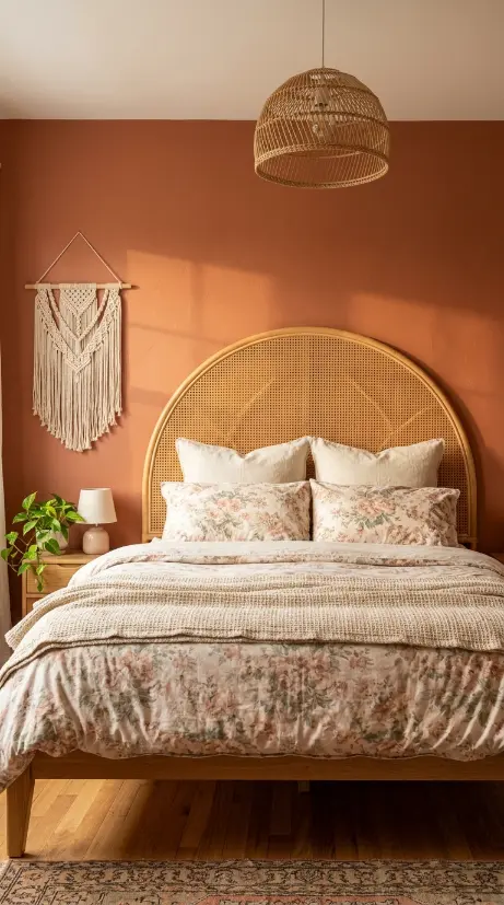 22 Vintage Floral Bedding Boho Rattan Bedroom Terracotta 2 2. Install a Statement Rattan Arch Headboard 1