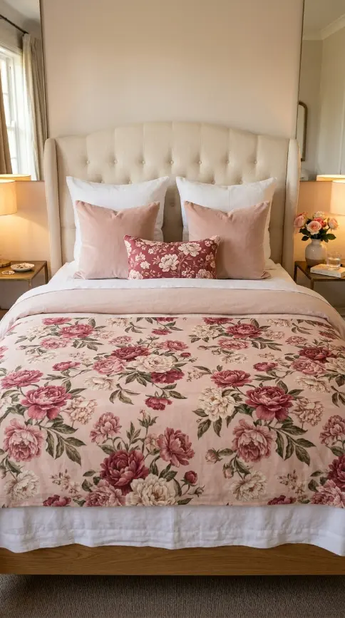 22 Floral Bedding Ideas Blush Peony Romantic Luxury Bed 2 2. Layered Blush Linen and Peony Print Combination