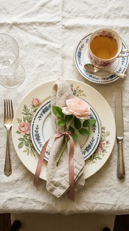 22 Mother's Day Brunch Decorations With Vintage China 2 2. Layered Vintage Plate Place Settings