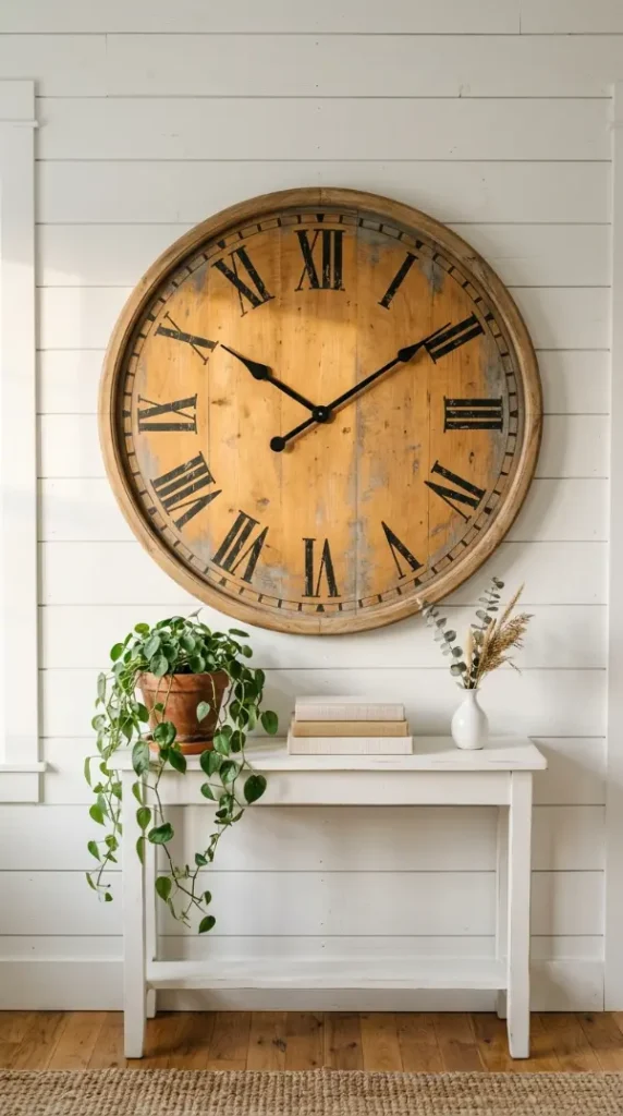 22 Farmhouse Living Room Wall Decor Ideas 2 2. Oversized Vintage Farmhouse Clock