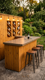 18 Easy Outdoor Kitchen DIY Ideas Pallet Wood Bar Grill 2 2. Pallet Wood Bar With Concrete Countertop and Vertical Bottle Rack