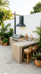 18 Easy Outdoor Kitchen DIY Ideas Modern L-Shape Build 2 2. Pressure-Treated Frame L-Shape With Large Format Porcelain Tile Cladding