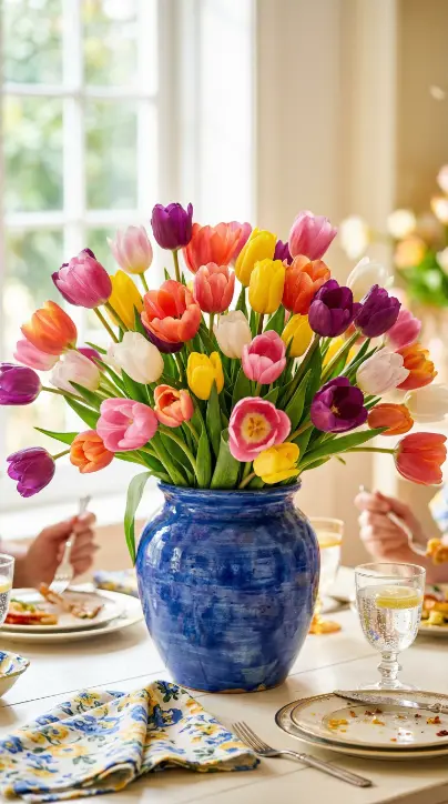 22 Spring Table Decor Ideas - Dopamine Colorful Brunch Style 2 2. Rainbow Tulip Centerpiece in a Painted Ceramic Vase