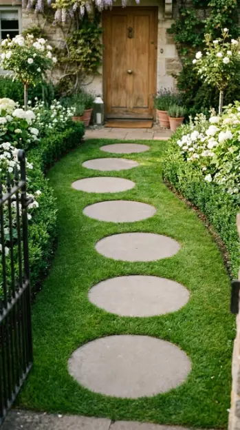 20 Simple Front Yard Landscaping Stepping Stone Path 2 2. Round Stepping Stone Circles Through Lawn