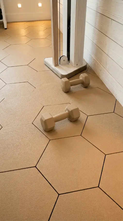 22 Coastal Home Gym Inspiration: Garage Conversion Ideas 2 2. Sandy Neutral Rubber Hex Tile Flooring