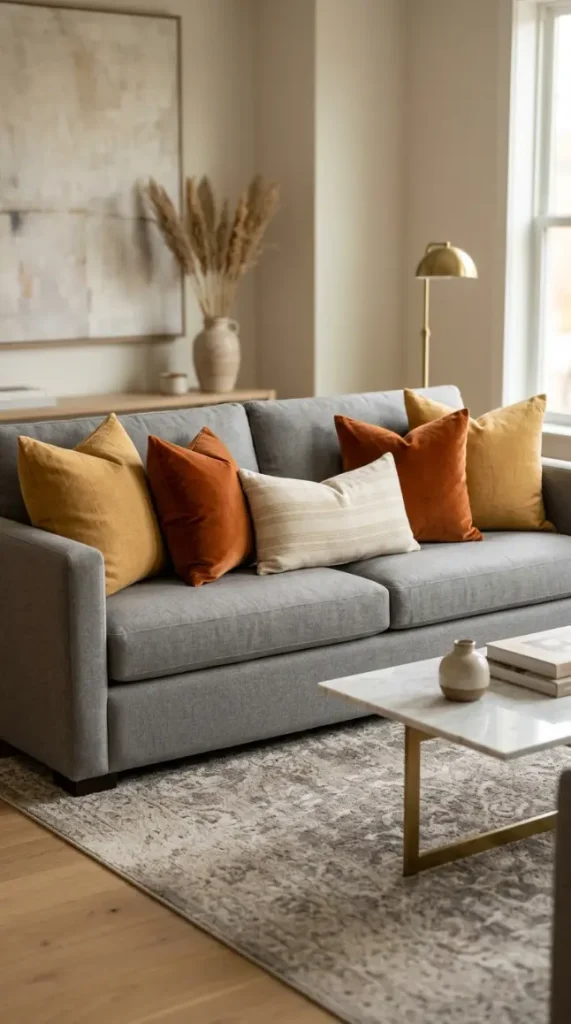 25 Throw Pillow Combinations That Transform Any Sofa 2 2. The Grey Sofa Warm-Up Combination
