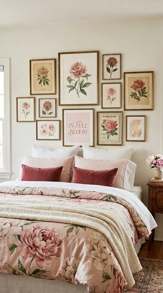22 Floral Bedding Ideas Blush Peony Romantic Luxury Bed 20 20. Blush Peony Bed with a Gallery Wall Headboard Moment