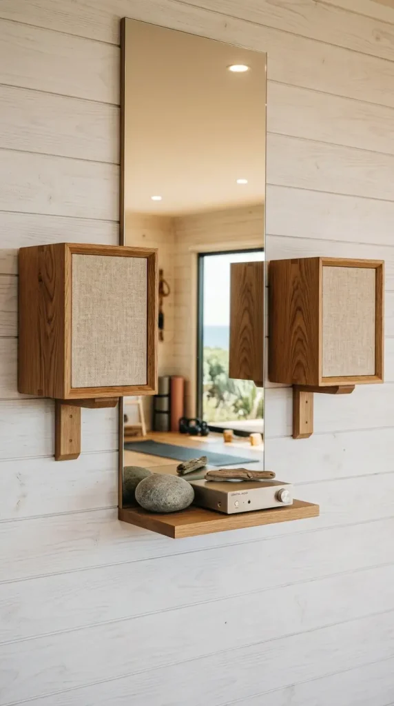 22 Coastal Home Gym Inspiration: Garage Conversion Ideas 20 20. Coastal Gym Sound System with Timber Speaker Boxes