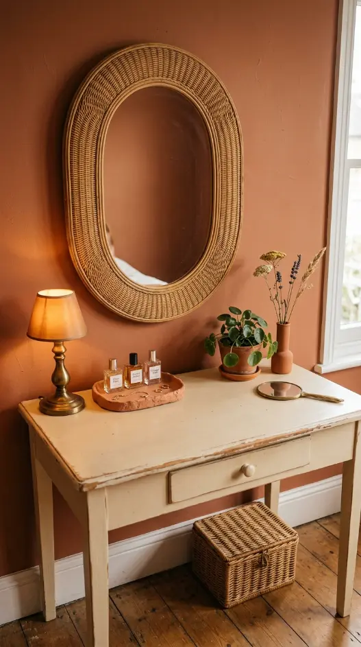 22 Vintage Floral Bedding Boho Rattan Bedroom Terracotta 20 20. Complete the Room With a Rattan and Vintage Dressing Table Corner