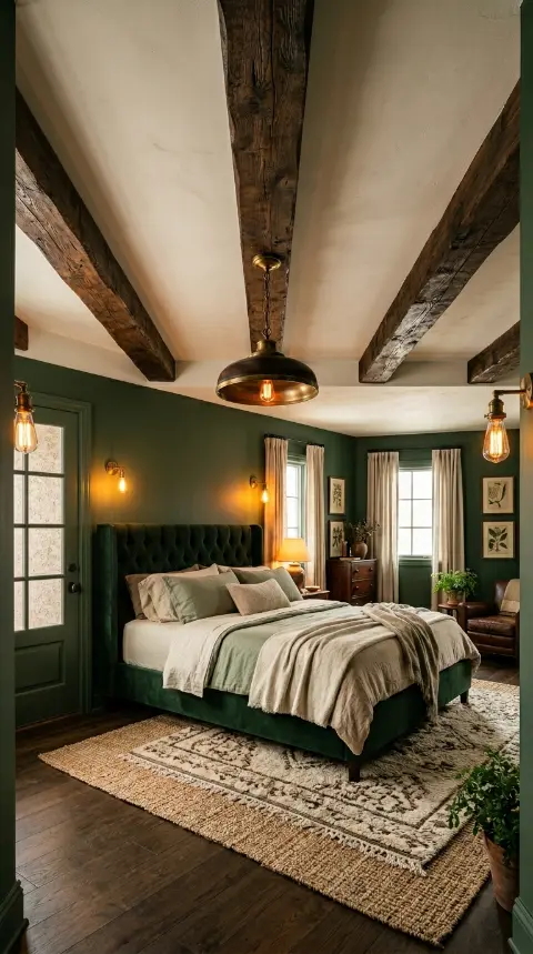 22 Earthy Cozy Bedroom - Dark Green Velvet Brass Luxury 20 20. Dark Green Velvet Bedroom with Exposed Dark Wood Beams