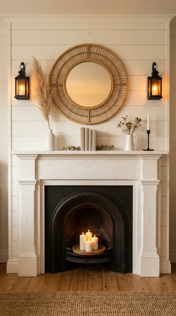 22 Farmhouse Living Room Wall Decor Ideas 20 20. Fireplace Mantel as Primary Wall Display Feature