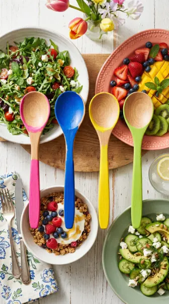 22 Spring Table Decor Ideas - Dopamine Colorful Brunch Style 20 20. Painted Wooden Spoons as Serving Décor